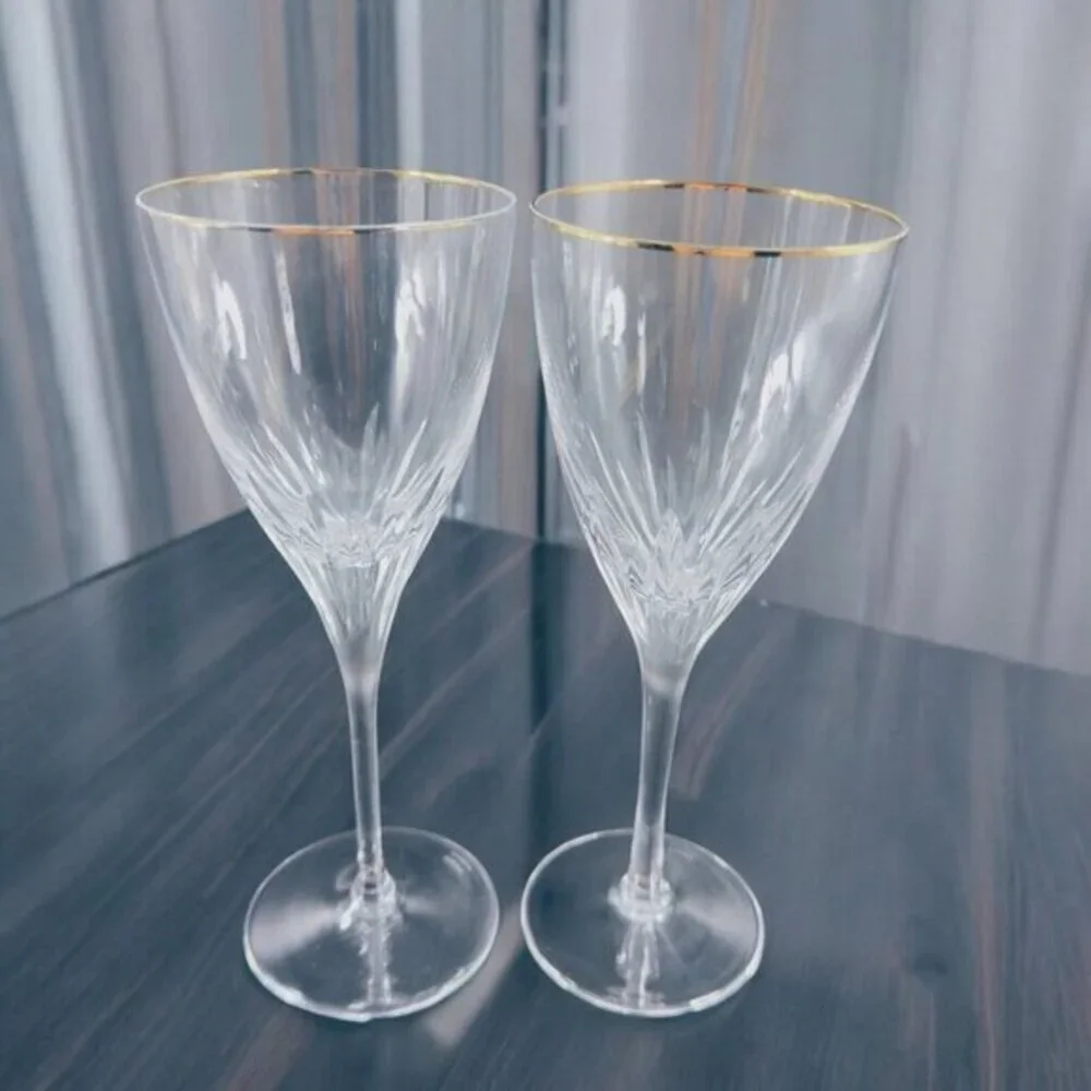 Waterford Marquis Claria Gold Rim Flute Goblet Drinking Glasses Clear 2 Cups Set